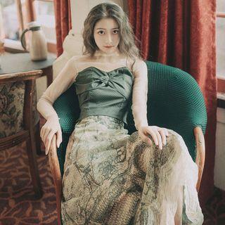 Set: 3/4-sleeve Mesh Paneled Front Knotted Top + Lace Trim Printed A-line Midi Skirt