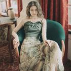 Set: 3/4-sleeve Mesh Paneled Front Knotted Top + Lace Trim Printed A-line Midi Skirt