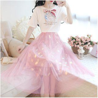 Short-sleeve Bow Printed T-shirt / Mesh A-line Midi Skirt / Set
