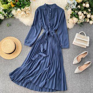 Long-sleeve Midi Pleated Shirt Dress