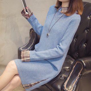 Mock Two Piece Checked Panel Long Sweater