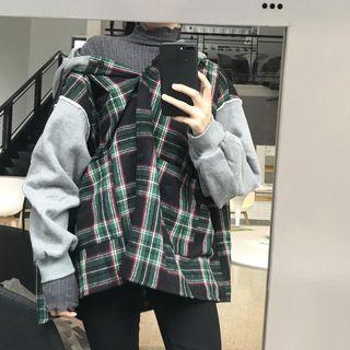Plaid Panel Hooded Button Jacket