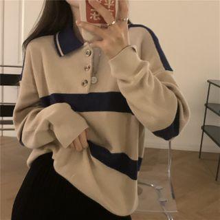 Polo-neck Striped Sweater Gray Beige - One Size