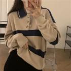 Polo-neck Striped Sweater Gray Beige - One Size