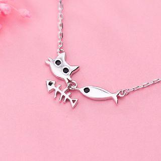 925 Sterling Silver Cat & Fish Pendant Necklace Silver - One Size