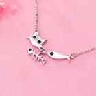 925 Sterling Silver Cat & Fish Pendant Necklace Silver - One Size