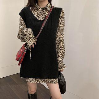Tie-neck Leopard Print Shirt / V-neck Knit Vest