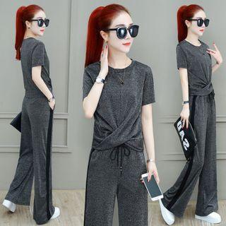 Set: Twisted Short-sleeve Top + Wide-leg Pants