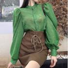 Lace Puff-sleeve Shirt / High-waist Lace-up Mini Skirt