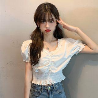 Puff-sleeve Ruffled Shirred Crop Top