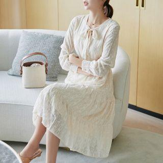 Long-sleeve Tiered Embroidered A-line Midi Dress