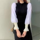 Puff-sleeve Paneled Knit Dress Black & White - One Size