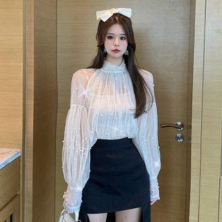 Set: Plain Camisole + Faux Pearl Blouse