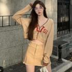 Lettering Cropped Jacket / Frayed Mini A-line Skirt