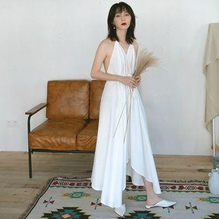 Halter-neck Open Back Midi A-line Dress White - One Size