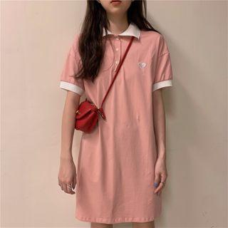 Contrast Trim Heart Embroidered Polo Shirt Dress