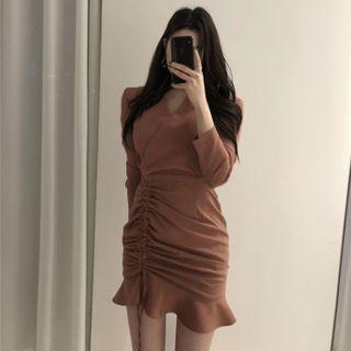 Long-sleeve Drawstring Ruffle Hem Mini Sheath Dress