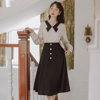 Set: Two-tone Blouse + Plain High-waist Skirt