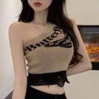 Sleeveless One-shoulder Jacquard Knit Top Light Coffee - One Size