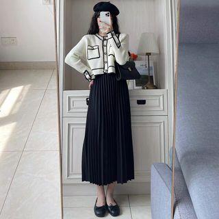 Set: Contrast Trim Cardigan + Accordion Pleat Midi A-line Skirt