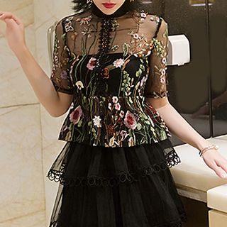 Short-sleeve Embroidered Sheer Top