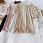 Set: Mock-neck Mesh Top + Puff-sleeve Velvet Top