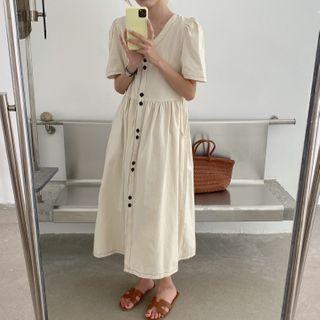 Short-sleeve Single Breasted Loose Fit Dress Off-white - One Size