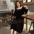 Long-sleeve Ruffle Midi A-line Velvet Dress Black - One Size