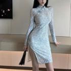 Long-sleeve Lace Mini Sheath Qipao Dress