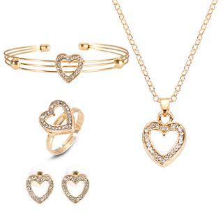 Set: Rhinestone Heart Necklace + Open Bangle + Stud Earring + Open Ring Set - Gold - One Size