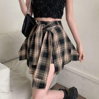 Mock Two-piece Plaid Mini A-line Skort