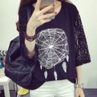 Printed Lace Panel Elbow-sleeve T-shirt