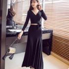 Set: Long-sleeve V-neck Top + Maxi Skirt