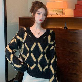 Argyle V-neck Mohair Sweater