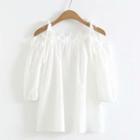 Elbow-sleeve Cold Shoulder Lace Trim Top White - One Size
