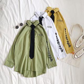 Lettering Sleeve Button-down Shirt With Tie