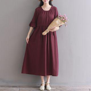 Ruffled Elbow-sleeve Tie-waist Midi Dress