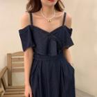 Cold Shoulder Denim A-line Dress Dark Blue - One Size