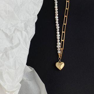 Asymmetric Alloy Heart Pendant Freshwater Pearl Necklace As Shown In Figure - One Size