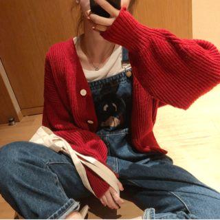 Puff Sleeve Cardigan Red - One Size