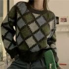 Round-neck Color Panel Argyle Long-sleeve Sweater Green & Brown - One Size