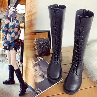 Faux Leather Lace-up Knee-high Boots