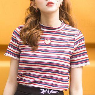 Striped Heart Cut Out Short Sleeve Knit T-shirt