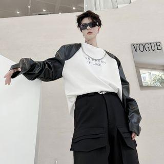 Faux Leather Panel Lettering T-shirt