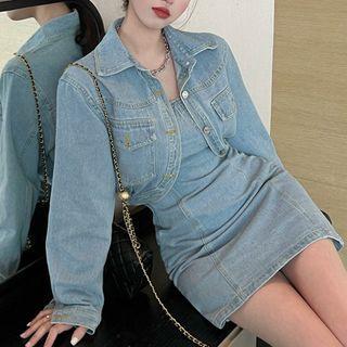 Cropped Denim Jacket / Spaghetti-strap Mini Bodycon Dress