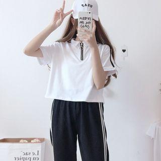 Short-sleeve Collared Top / Contrast Trim Wide Leg Pants / Set