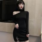 Off-shoulder Knit String Dress Black - One Size