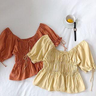 Elbow-sleeve Crinkled Cropped Top