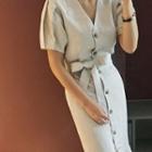 V-neck Puff-sleeve Buttoned Ruffle-hem Maxi Dress With Sash