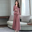 Set: Long-sleeve Peplum Blouse + Wide Leg Pants